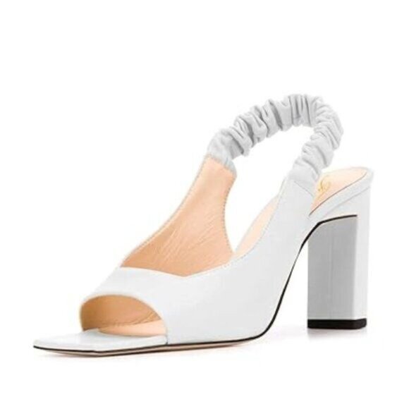 FOWT White Women's Slingback Heeled Pumps Open Toe Mules Slip On Ankle Straps - Picture 1 of 8